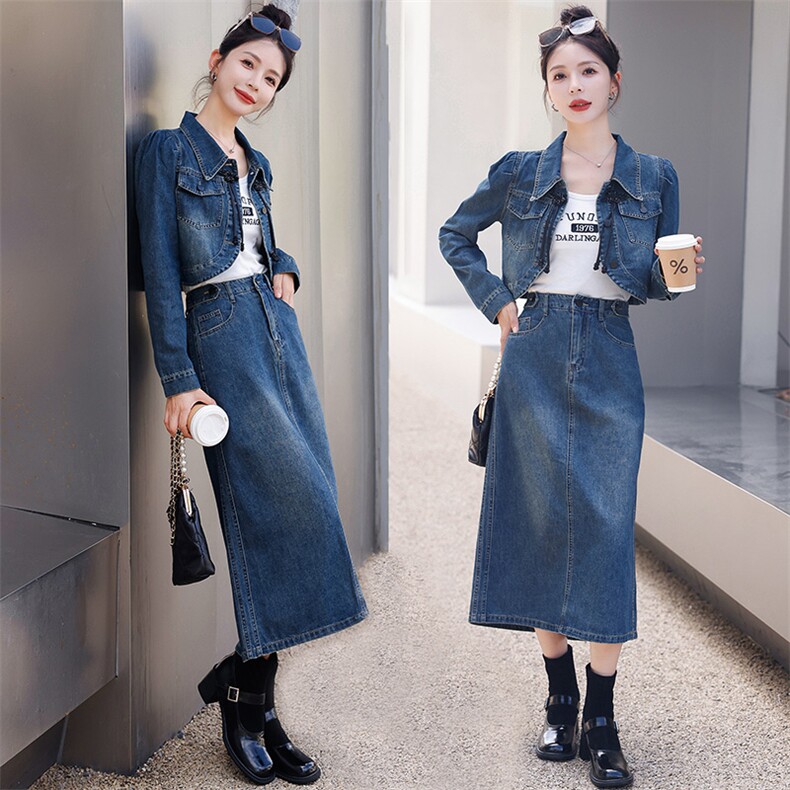 新中式牛仔套装女装2025新款春秋今年流行时尚复古半身裙两件套，女装套装/套裙，慧尚依恋