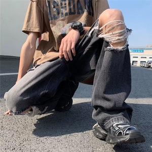 高街大破洞牛仔裤男夏季潮牌宽松阔腿痞帅hiphop裤子 X842-P46图片