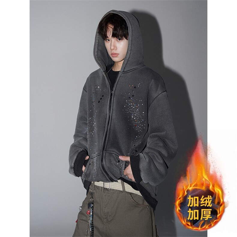 秋季美式烫钻开衫拉链卫衣男潮牌高级感痞帅短宽外套男WY37P98，女装短外套，电商D206-1