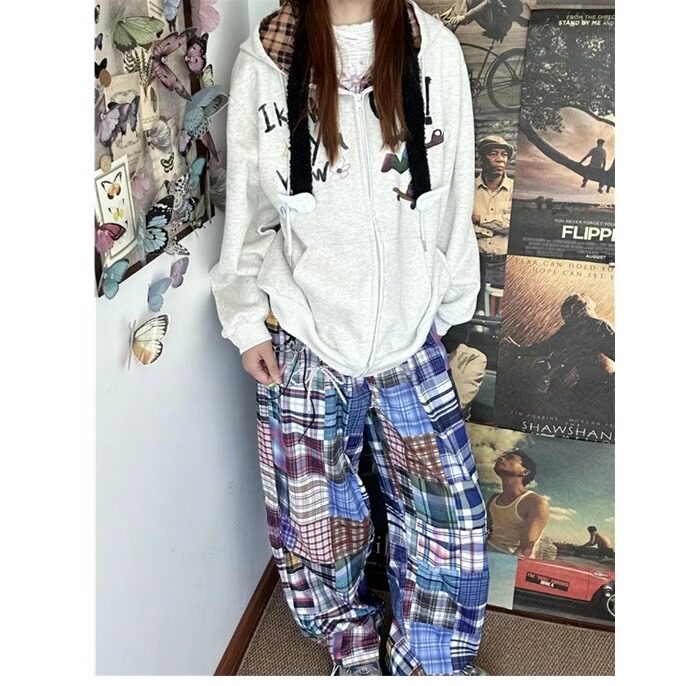 新款美式复古拼接格纹宽松休闲裤女生小众设计直筒拖地裤跳舞裤子图片