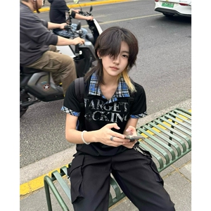 亚文化穿搭短袖t恤男女夏季格子拼接半袖美式街头翻领宽松上衣图片
