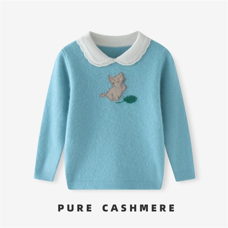 羊绒儿童毛衣女童秋冬季加厚保暖针织衫可爱猫咪图案长袖打底衫，童装毛衣，宛庄羊绒