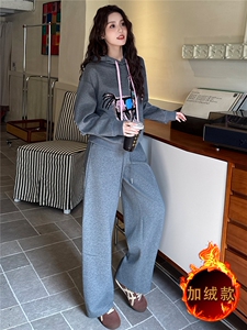 简约时尚休闲套装女秋冬新款韩系宽松显瘦连帽卫衣直筒长裤两件套图片