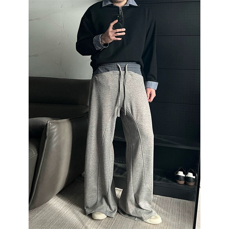 网图有货美式格子纹拼接设计感灰色卫裤阔腿休闲裤男女A1305-P50,男装休闲裤,星座1505