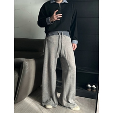 网图有货美式格子纹拼接设计感灰色卫裤阔腿休闲裤男女A1305-P50，男装休闲裤，星座1505