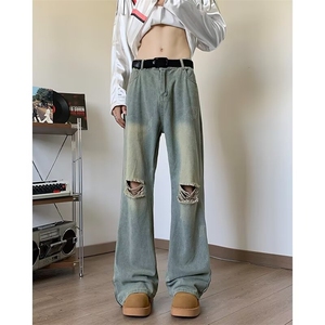 复古蓝破洞牛仔裤男高腰夏季古着裤子美式vibe弯刀微喇裤 N7082图片