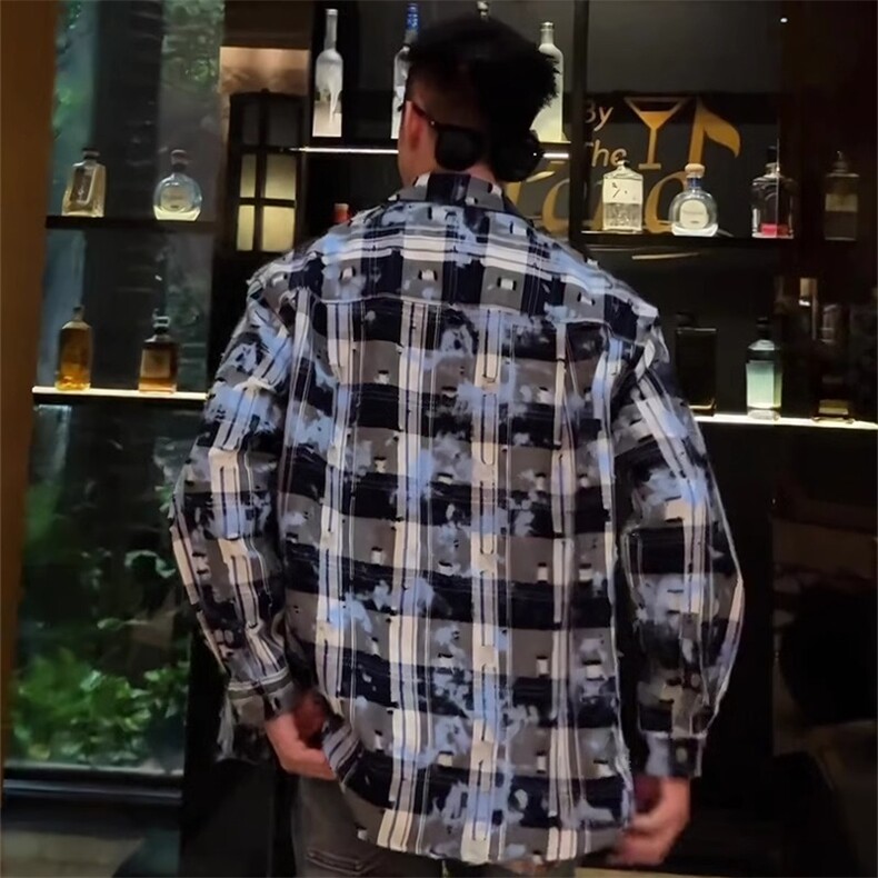 1506/QJ040/P53格子翻领百搭长袖衬衫外套男格纹渐变质感破洞,男装衬衫,星座1506