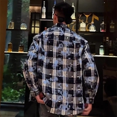 1506/QJ040/P53格子翻领百搭长袖衬衫外套男格纹渐变质感破洞，男装衬衫，星座1506