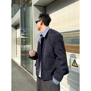 LINYILUCK/小众设计假两件拼接翻领小香风外套男痞帅休闲短款夹克图片