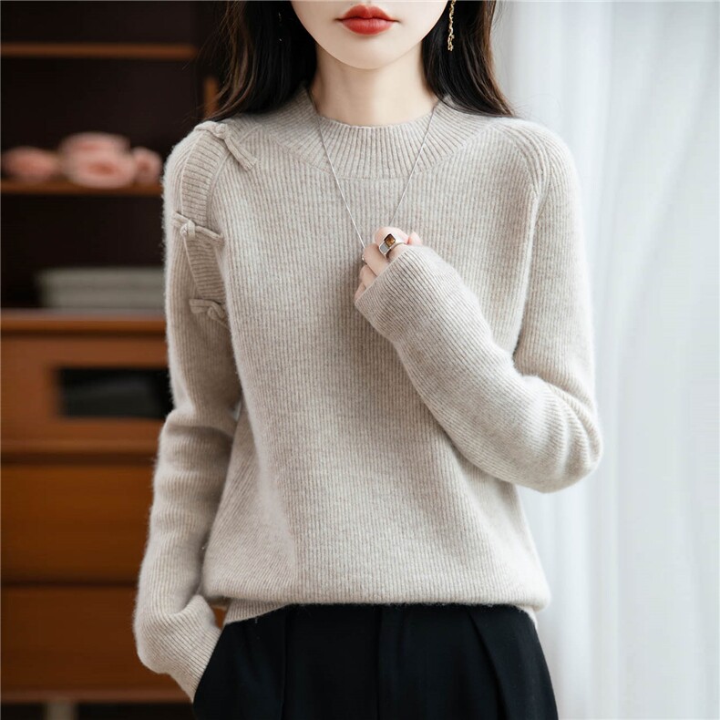 秋冬新款新中式国风盘扣100%纯羊毛衫女宽松显瘦加厚针织打底毛衣，女装羊毛衫，绒汀羊绒