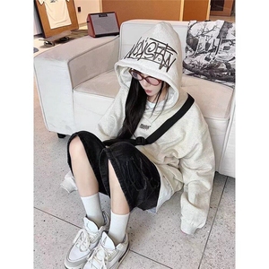 美式手写刺绣连帽卫衣男女加绒春秋季高街潮牌情侣宽松上衣帽衫图片