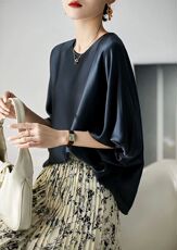 高级感真丝衬衫上衣女九分袖通勤夏季松紧蝙蝠袖套头桑蚕丝小衫，女装针织衫/毛衣，恒旺羊绒