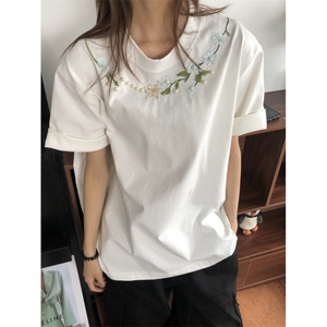 H0921-P35推荐#原版钉珠+刺绣宽松休闲短袖T恤图片