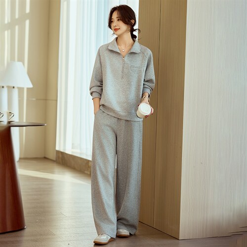 灰色卫衣套装女春高级感超好看立领纯色上衣直通宽松休闲裤两件套，女装卫衣/绒衫，梦懿尔