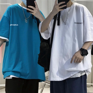 T06常年款男士休闲字母印花T恤衫外套圆领半袖五分袖TEE男女中性