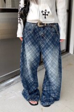 贴布格纹弯刀牛仔高街牛仔裤男秋冬新款休闲宽松直筒阔腿裤裤子潮，男装牛仔裤，星座302B-2