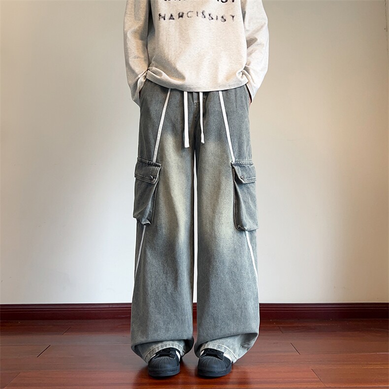 现货秋季新款条纹拼接牛仔裤男美式大口袋阔腿裤子-A2187TP55控98,男装牛仔裤,电商B241