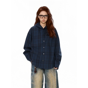 蓝色磨毛格子衬衫男款春秋季2025新款休闲百搭情侣连帽衬衣服外套