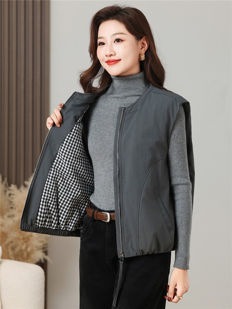 棉马甲女纯色简约格子内里百搭时尚单品外套,女装马甲,芙芮