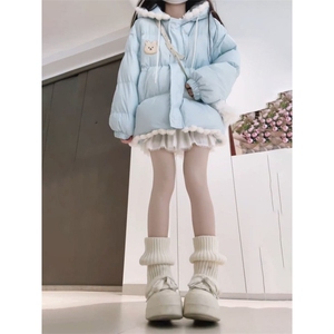 1506A/G78560/P92可爱奶油蓝可爱兔子毛球花边连帽棉服,女装搭配技巧矮个子图片