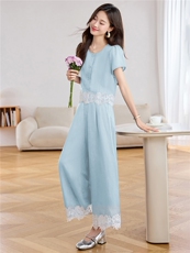 深蓝色蕾丝拼接衬衫套装女2025年夏季新款设计感休闲阔腿裤两件套，女装套装/套裙，贵人树