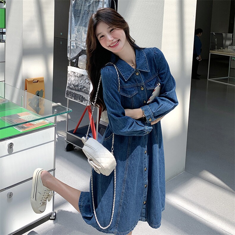 韩版复古牛仔连衣裙女2025年春秋季新款设计感收腰显瘦气质A字裙,女装牛仔裙,天使之佳话