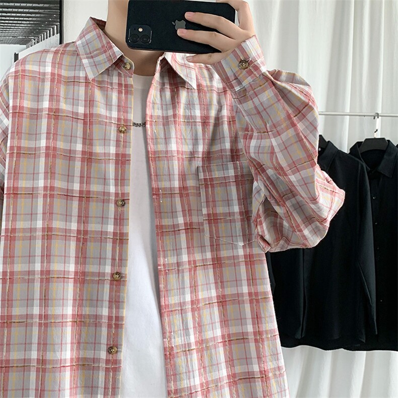 格子衬衫男士秋季新款休闲宽松外套百搭帅气日系衬衣服CS711P48,男装衬衫,电商B413-1