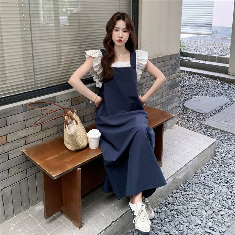 小飞袖衬衫蓝色背带裙女夏两件套连衣裙俏皮减龄学院风流行超火,女装连衣裙,2D045