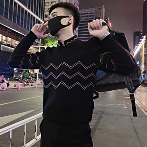 MY17/P75控105 冬季轻熟风假两件波浪纹套头毛衣可内穿男黑首1图片