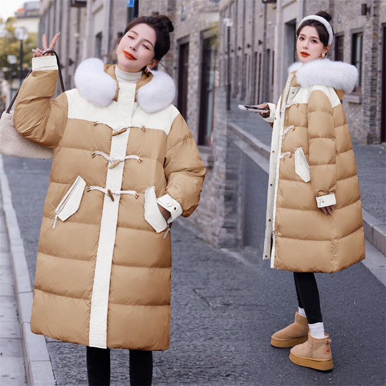 【bao款现货】2023新款冬装撞色拼接牛角扣羽绒服真狐狸毛白鸭绒,女装羽绒服,雅静靓衣