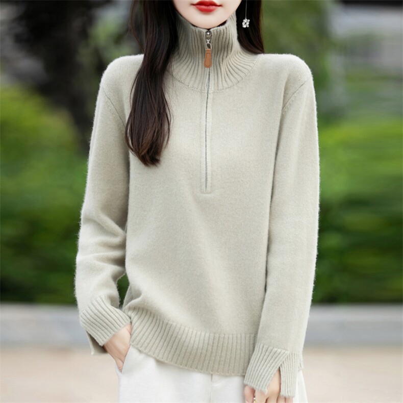 秋冬款半拉链翻领100%羊毛衫女袖口开叉宽松慵懒亲肤针织打底上衣,女装羊毛衫,邦太羊绒