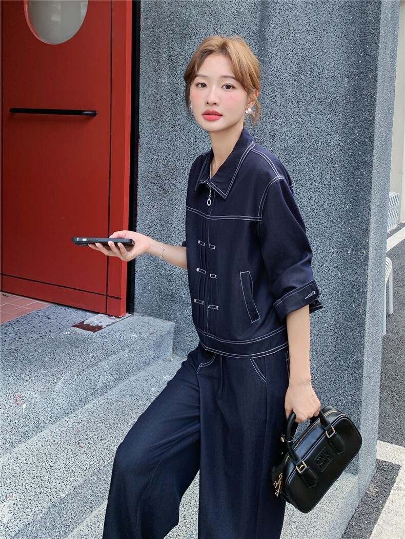 （新款现货）2026春装时尚潮流天丝牛仔拉链阔腿裤套装两件套,女装套装/套裙,印象茜