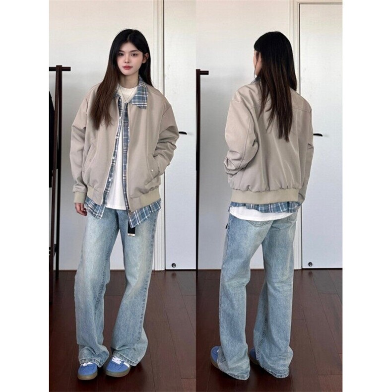 格纹假两件夹克男女美式复古街头宽松休闲情侣外套潮LY66333-P70,男装夹克,星座1008