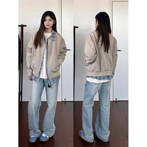 格纹假两件夹克男女美式复古街头宽松休闲情侣外套潮LY66333-P70图片