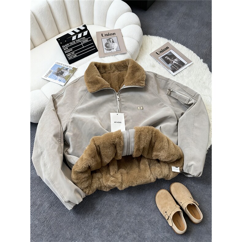 网图美式仿兔毛PU皮翻领棉服工装棉衣情侣外套A025-KY1811-P98,男装棉衣,电商A025