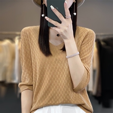 时尚女装V领华夫格针织衫显瘦百搭短袖毛衣优雅气质上衣，女装针织衫/毛衣，大美人高端店