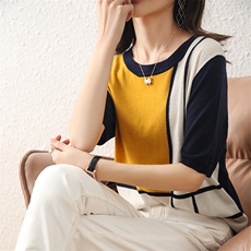 秋季新款女时尚百搭显瘦拼色潮流套头羊毛衫，女装羊毛衫，亿东羊绒