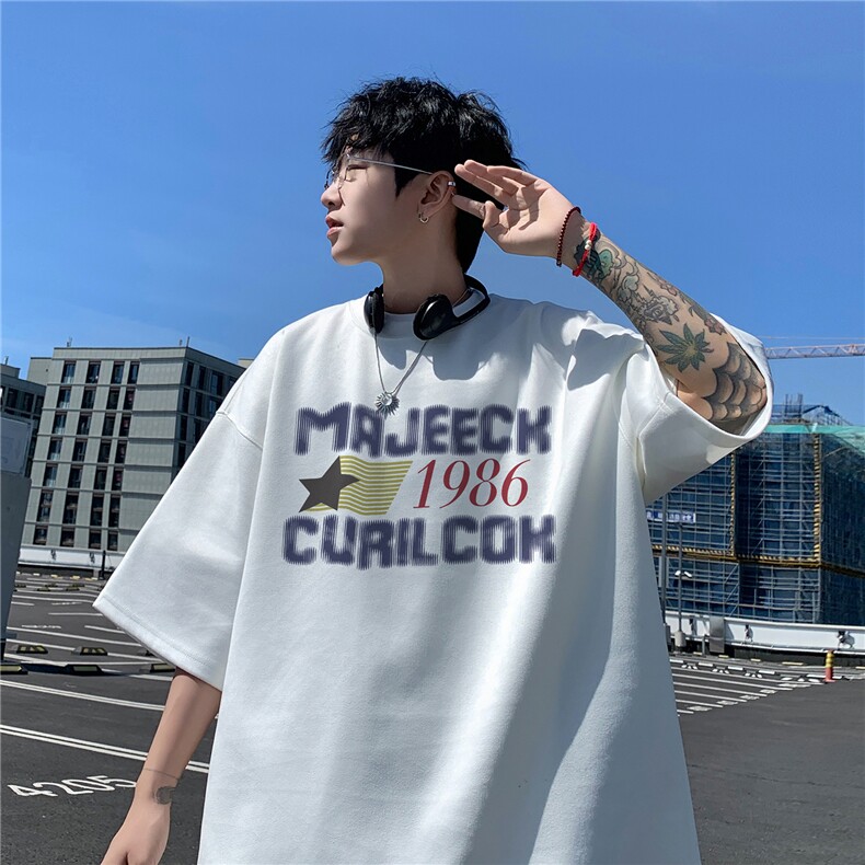 美式高街印花t恤男夏季薄款痞帅设计感短袖宽松大码青少年百搭T恤,男装T恤,电商C413