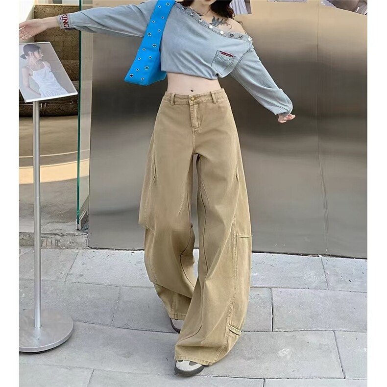 卡其色工装牛仔裤女2025秋季新款复古美式高腰宽松阔腿拖地长裤,男装牛仔裤,星座813-2