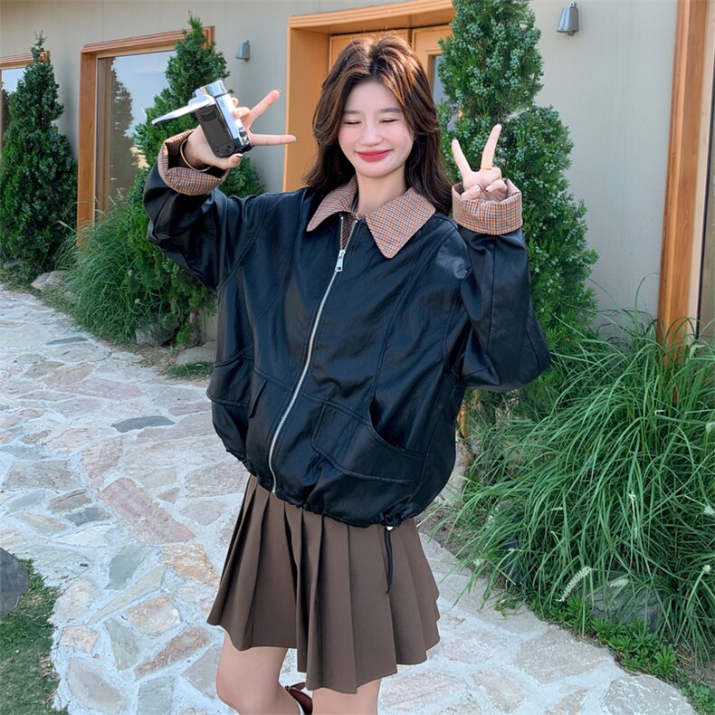 美式黑色拼接假两件机车服短外套女春秋超火好看高级小众夹克上衣,女装皮衣,2C056
