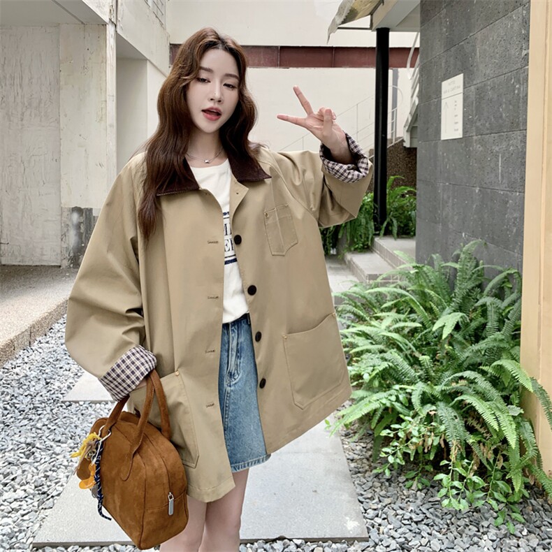 卡其色韩系英伦风格纹拼接风衣外套女2025秋季小个子气质休闲大衣,女装风衣,2C092