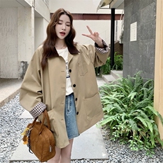 卡其色韩系英伦风格纹拼接风衣外套女2025秋季小个子气质休闲大衣，女装风衣，2C092