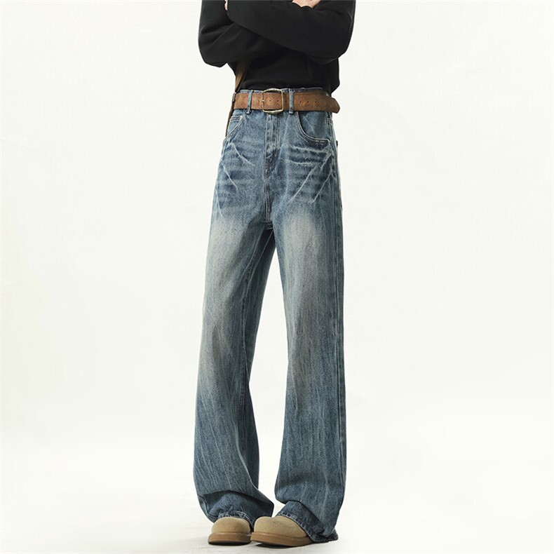 美式闪电纹弯刀牛仔裤男春秋季潮牌宽松阔腿显瘦cleanift微喇裤子，男装牛仔裤，电商C303