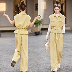 黄色绝美休闲套装裤女2025夏季新款系带收腰衬衫工装阔腿裤两件套，女装套装/套裙，众宇琦