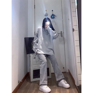 美式hiphop纯色修身直筒牛仔裤图片