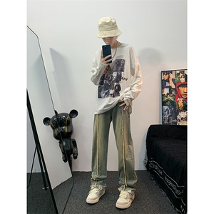 美式ins高街hiphop重工艺水洗毛边牛仔裤货号K712P65图片
