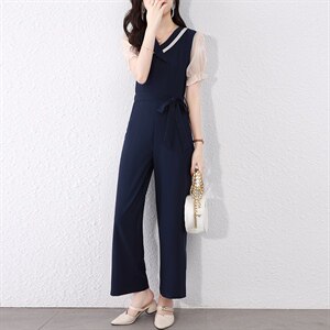 新款夏季淑女气质穿搭时尚洋气时髦显瘦阔腿连体连衣裤套装女纱网图片