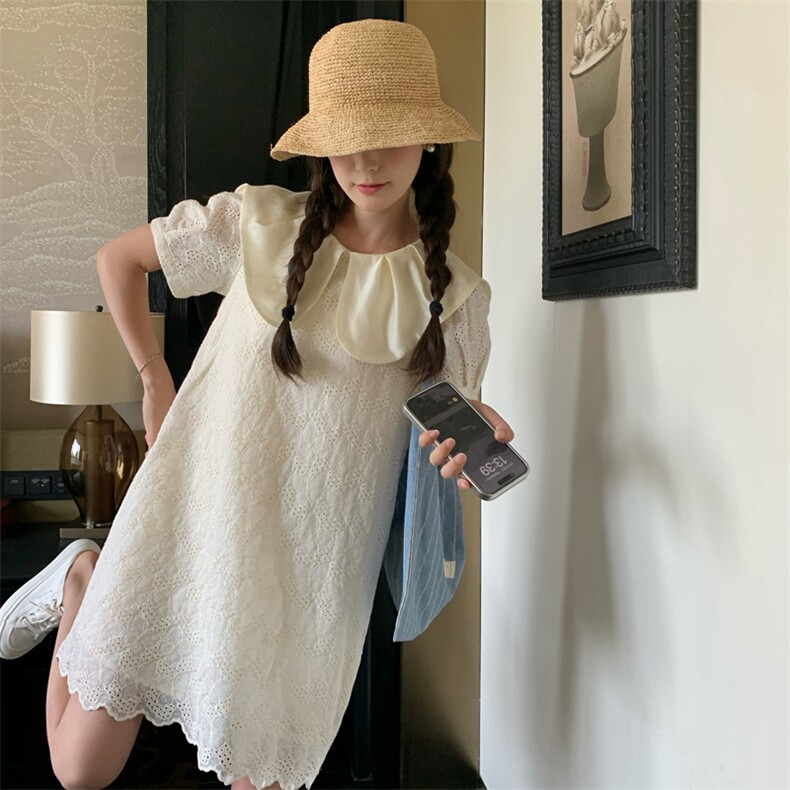温柔风娃娃领小白裙女夏季新款蕾丝刺绣初恋甜美减龄小个子连衣裙,女装连衣裙,帛香坊