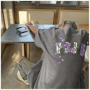 H1302纯棉220g藤蔓花卉印花t恤男生ins五分袖t恤青少年休闲上衣