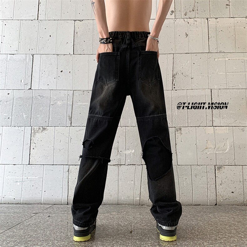 B221美式ins高街暗黑小众撞色破洞直筒牛仔裤LK23109-P65控88,男装牛仔裤,电商B221